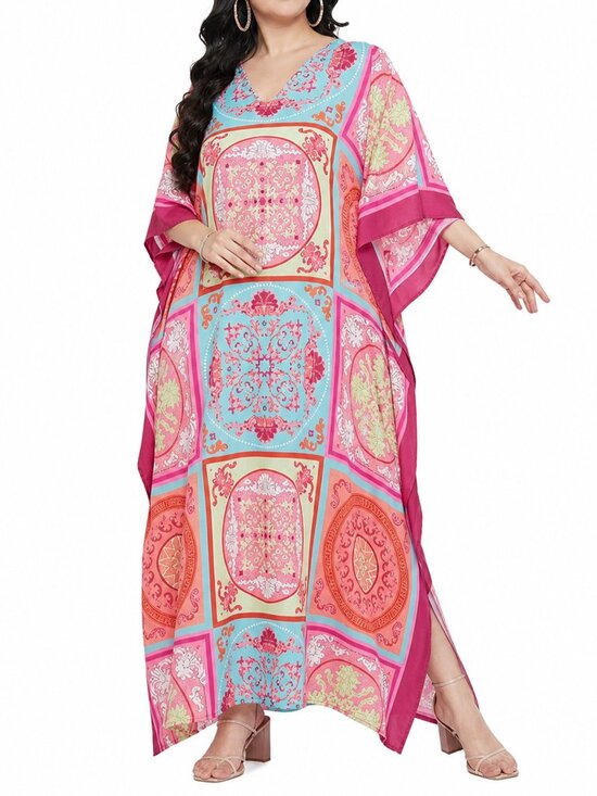 Gypsie Blu Other - Plus Size Women Caftan Dress Pink Polyester Maxi Moo Moos Dresses for Party Wear